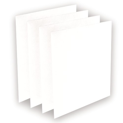 Four white AeraMax Pro AM 3/4 prefilter sheets standing in a row, seen from the opposite angle