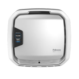 AeraMax Pro AM 3 PC front view, a square silver and white wall unit with the Fellowes logo and a side screen reading CLEAN