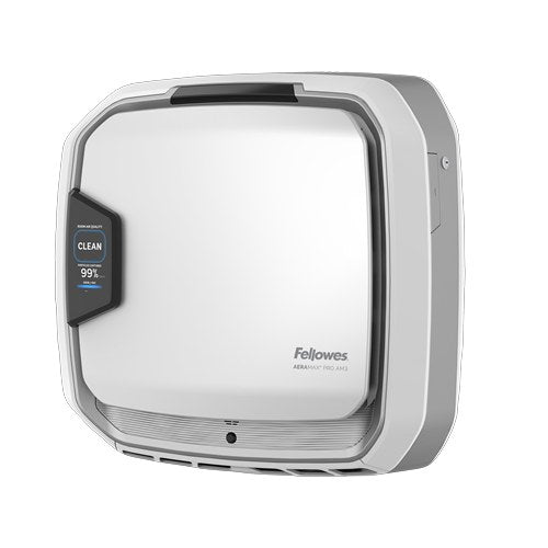 AM 3 PC wall purifier seen from an angle, showing the depth of the silver casing and the screen on its left side