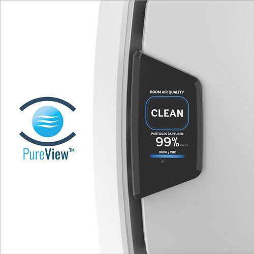 Close-up of the PureView screen on an AeraMax Pro unit reading CLEAN, particles captured 99%, beside the PureView logo