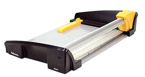 Atom A3 rotary trimmer from the right showing the silver rail, black base and yellow clamp bar