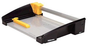 Fellowes Atom A4 rotary trimmer with black ends, silver metal bed, yellow cutting carriage on the rail and yellow guide