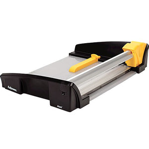 Fellowes Atom A4 rotary trimmer from the right showing the rail, yellow carriage and back margin guide