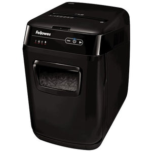 Fellowes AutoMax 150C auto feed shredder from the front left, black cabinet with a glossy hinged lid, touch controls and a window into the bin