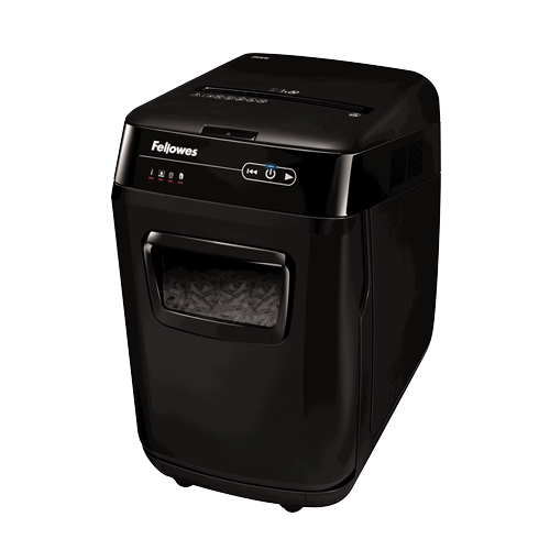 Fellowes AutoMax 200C shredder from the front left, black cabinet on castors with a hinged lid and a window into the bin