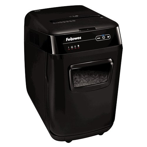 AutoMax 200C from the front right showing the Fellowes logo, the touch control strip and the castors at the base