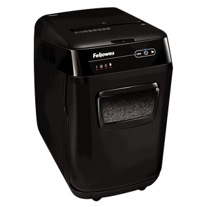 Fellowes AutoMax 200M auto feed shredder from the front left, black body with a glossy lid, control buttons and a window into the bin