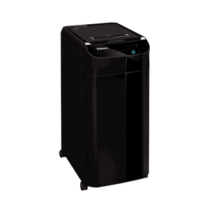 Fellowes AutoMax 350C from the front left, a tall black cabinet shredder on castors with a lid on top