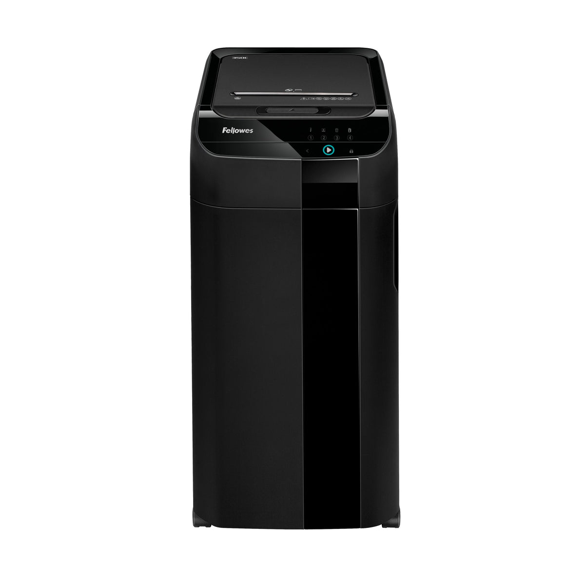 Straight-on front view of the AutoMax 350C cabinet with the touch screen and Fellowes logo at the top