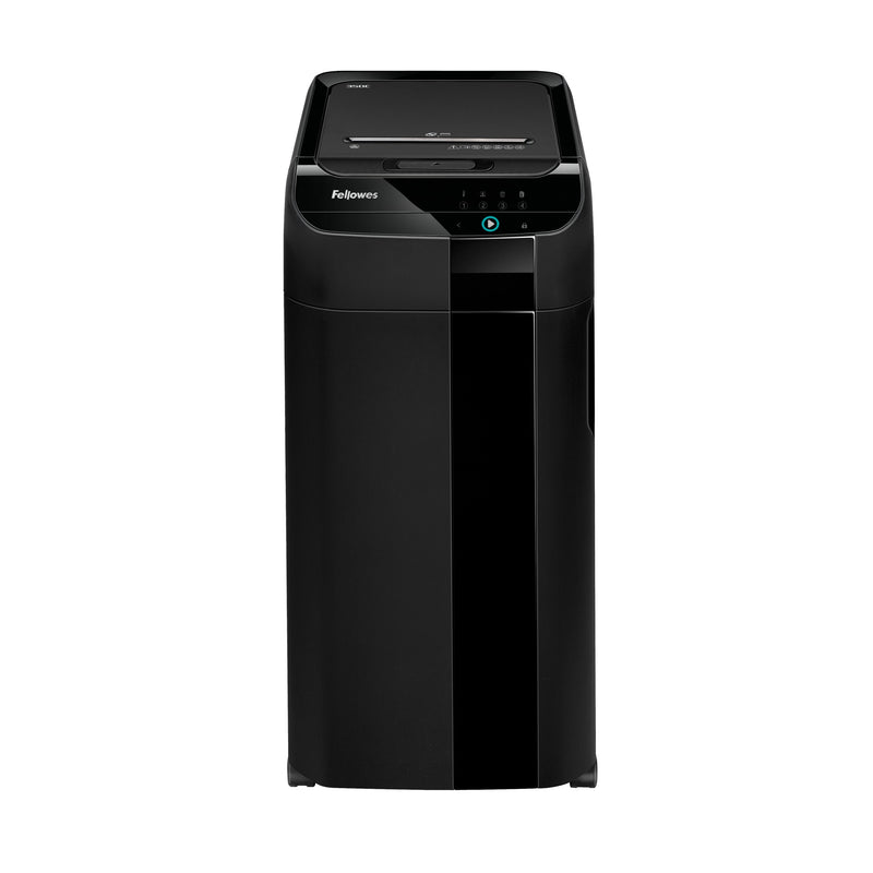Straight-on front view of the AutoMax 350C cabinet with the touch screen and Fellowes logo at the top