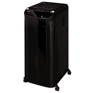 Fellowes AutoMax 600M from the front left, a tall black cabinet shredder on four castors with the control panel on top