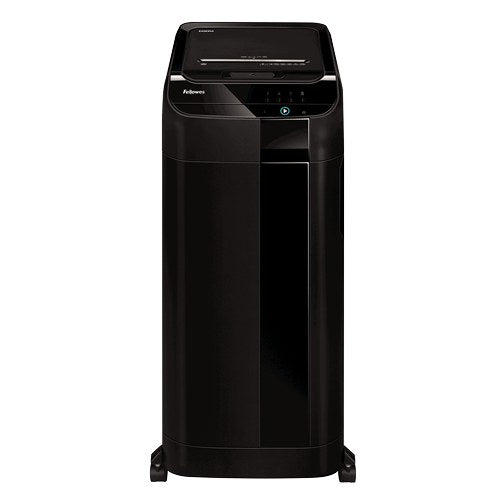 Straight-on front view of the AutoMax 600M, a tall black cabinet with the Fellowes logo near the top