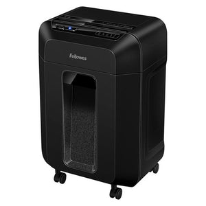 Fellowes AutoMax 90M mini-cut shredder from the front left, black cabinet on castors with a narrow clear window into the bin