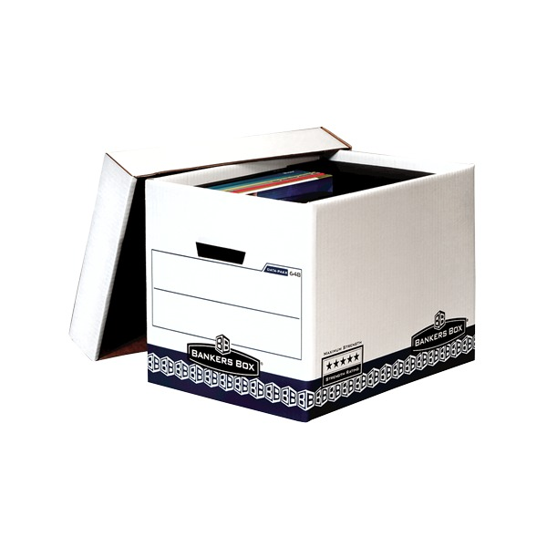 White Bankers Box 648 archive box with the lid propped open behind it and coloured files inside, navy patterned base band, DATA-PAK 648 label and five star strength panel