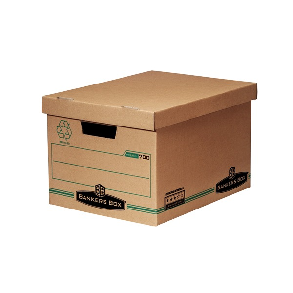Kraft brown Bankers Box 700 archive box with its lid on, green stripe and BANKERS BOX logo along the base, label panel and a hand hole on the front