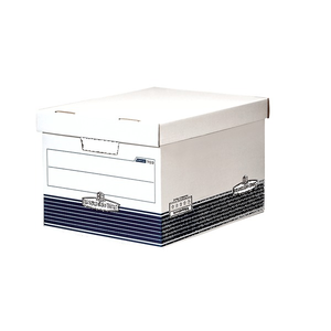 Lower view of a white Bankers Box archive box with lid fitted, navy striped base band, label panel and lid tabs visible at the front
