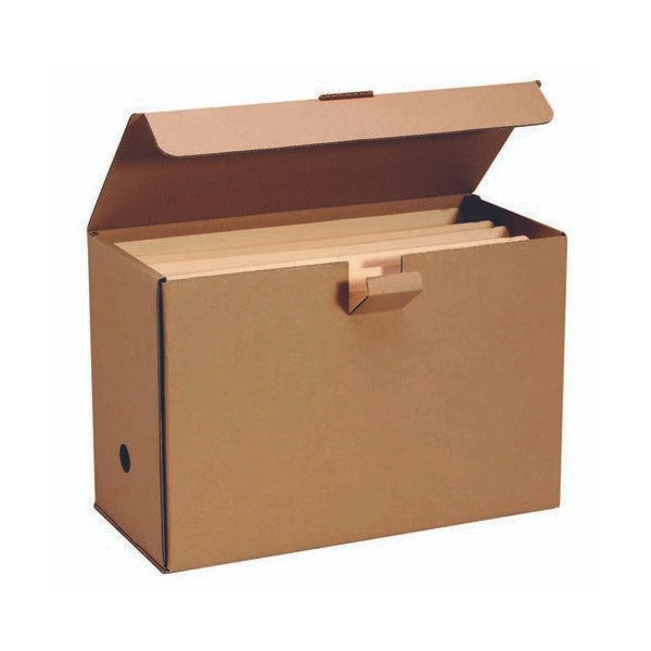 Bankers Box 800 mini archive box in natural kraft board with its attached lid open, hanging files standing inside, a tab closure on the front and a finger hole on the end