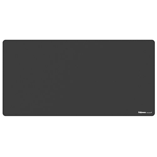 Fellowes Breyta desk mat in black, a long rectangle seen from above with a small Fellowes logo in one corner