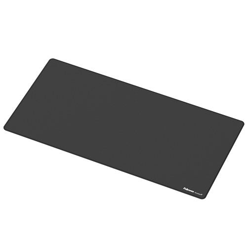 Black Fellowes Breyta desk mat shown at an angle on a white background, showing its rounded corners and thin profile