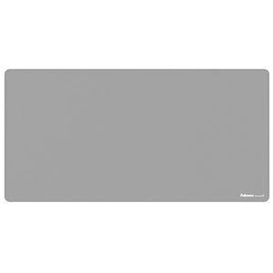 Fellowes Breyta desk mat in mid grey photographed flat from above, with a small Fellowes mark in the corner