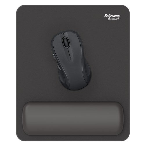Top view of a dark grey mouse on the black Breyta mouse pad with the wrist rest below and a white Fellowes logo above