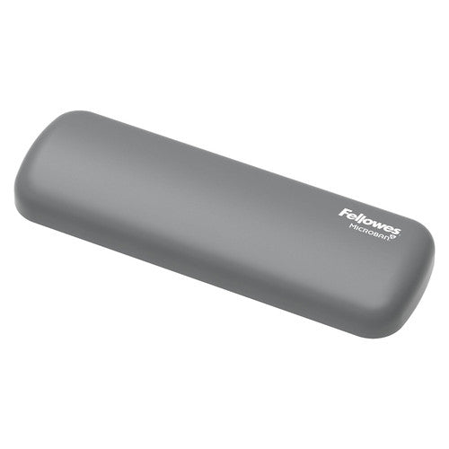 Fellowes Breyta palm wrist rest in mid grey, an oblong rounded silicone pad with Fellowes Microban printed in white at one end