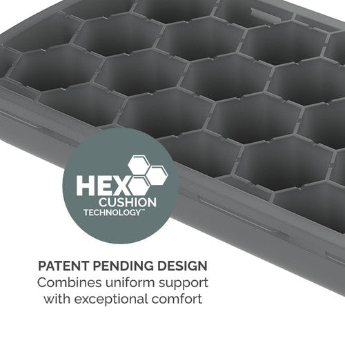 Close-up of grey hexagon cells forming the HEX Cushion core of a Breyta rest, with a roundel and patent pending design text