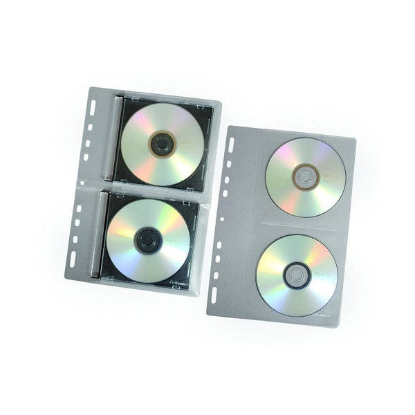 Two Fellowes CD binder sheets with punched edges, one holding two discs in slim jewel cases and the other holding two bare discs