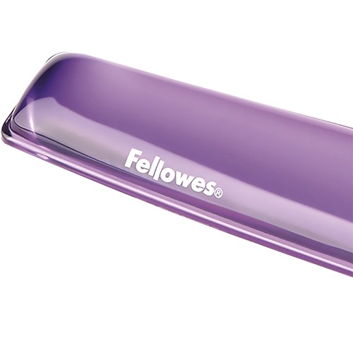 Close-up of one end of the purple gel rest with the Fellowes logo in white on the clear surface
