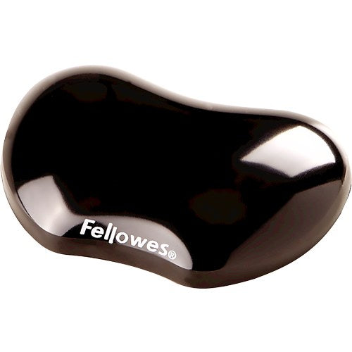 Black Crystals gel flex rest from a closer angle showing its curved shape and shiny gel surface with Fellowes in white