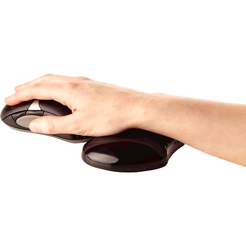 Hand holding a mouse with the wrist resting on the black Crystals gel flex rest, shown on a white background