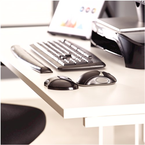 Office desk with a keyboard, a mouse and the black Crystals gel flex rest beside it, with a black gel keyboard rest in front