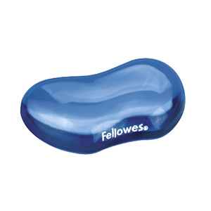 Fellowes Crystals gel flex rest in transparent blue, a kidney shaped clear gel cushion with the Fellowes logo in white