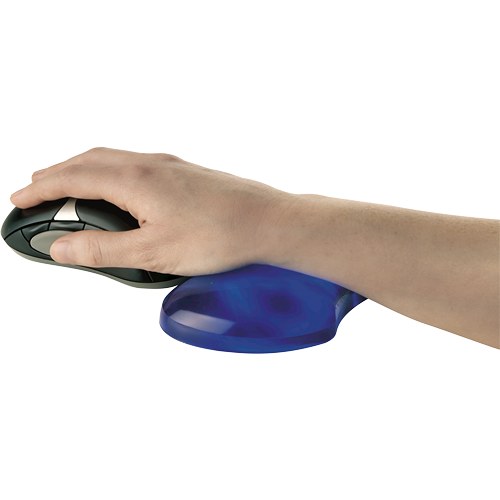 Hand on a computer mouse with the wrist supported by the blue Crystals gel flex rest, white background