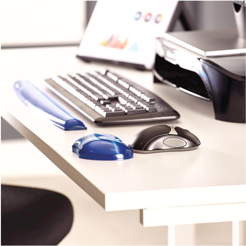 Desk with a keyboard and blue Crystal keyboard rest, the blue gel flex rest sitting next to a mouse