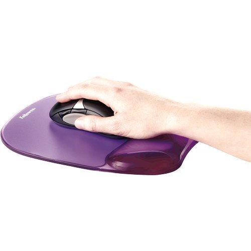 Hand on a black mouse with the wrist resting on the purple Crystals gel cushion