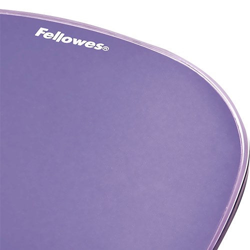 Close-up of the purple Crystals pad corner with the printed Fellowes logo