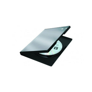 Fellowes DVD replacement case shown open, a black disc tray with a disc on the hub and a frosted translucent cover
