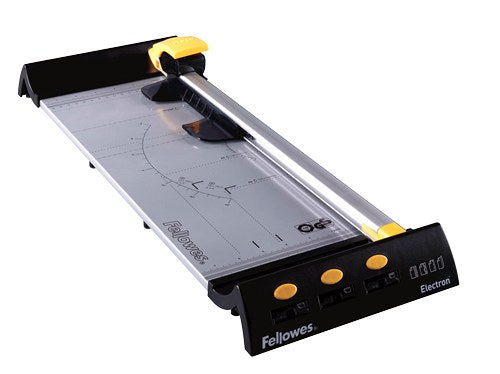 Fellowes Electron A3 rotary trimmer from the front end, black base with three yellow buttons and the Electron badge