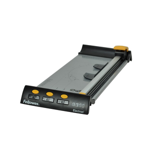Electron A3 trimmer at a low angle with the grey cutting bed, silver rail and yellow cutting head