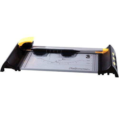 Fellowes Electron A4 rotary trimmer from the side showing the rail, carriage and printed cutting guides