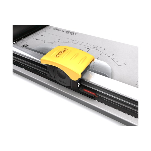 Close-up of the yellow Fellowes Electron carriage on the rail with the red LED cutting line lit beside it