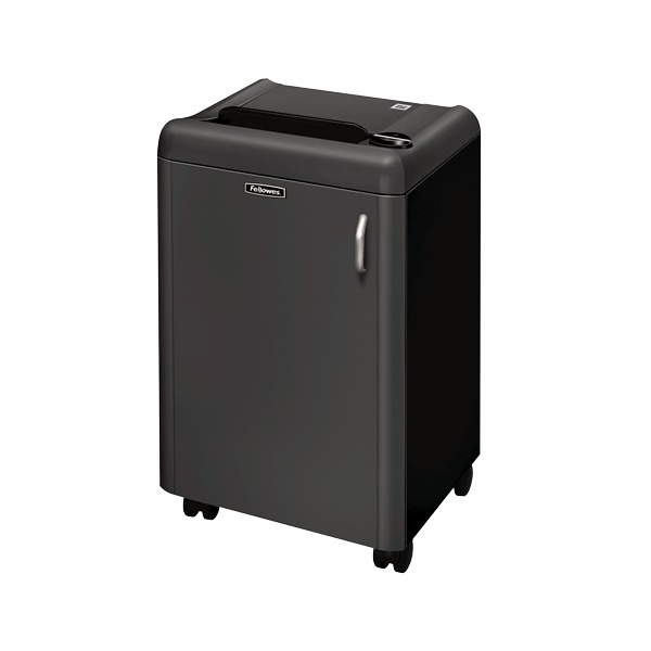 Fellowes Fortishred 1050HS high security shredder from the front left, a dark grey cabinet on castors with a silver door handle and paper entry on top