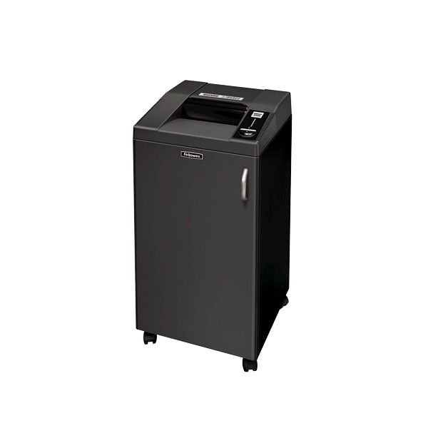 Fellowes Fortishred 3250HS high security shredder from the front left, a tall dark grey cabinet on castors with a control panel beside the paper entry