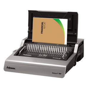 Fellowes Galaxy-E 500 electric comb binder open, a Financial Report cover standing in the paper guide above the comb teeth