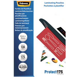 Fellowes Glossy 175 Micron Laminating Pouches 65x95mm 100 Pack