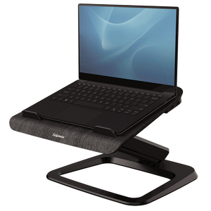 Fellowes Hana laptop riser in black holding an open laptop on its wood-finish platform above an open rectangular base