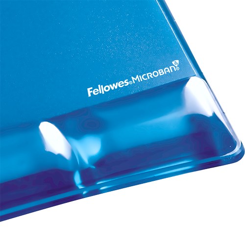 Close-up of the clear blue gel pads and channel under the Fellowes Microban logo