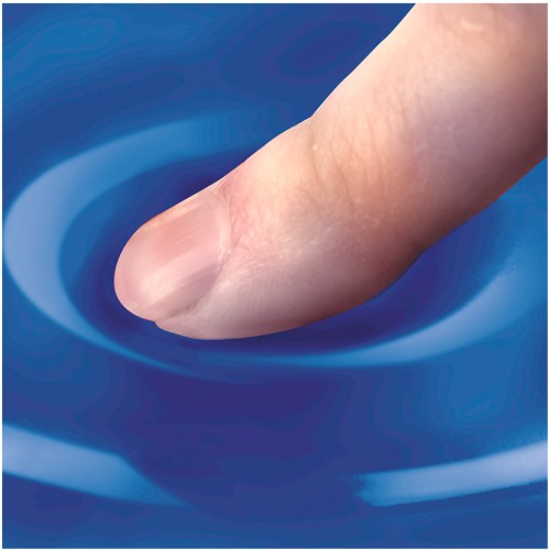 Fingertip pressed into the bright blue gel of the Health-V rest