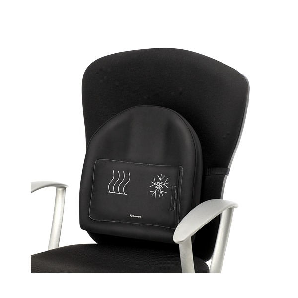 Fellowes Heat and Soothe back support in black fitted to a black office chair, with heat and snowflake symbols printed on the clear front pocket